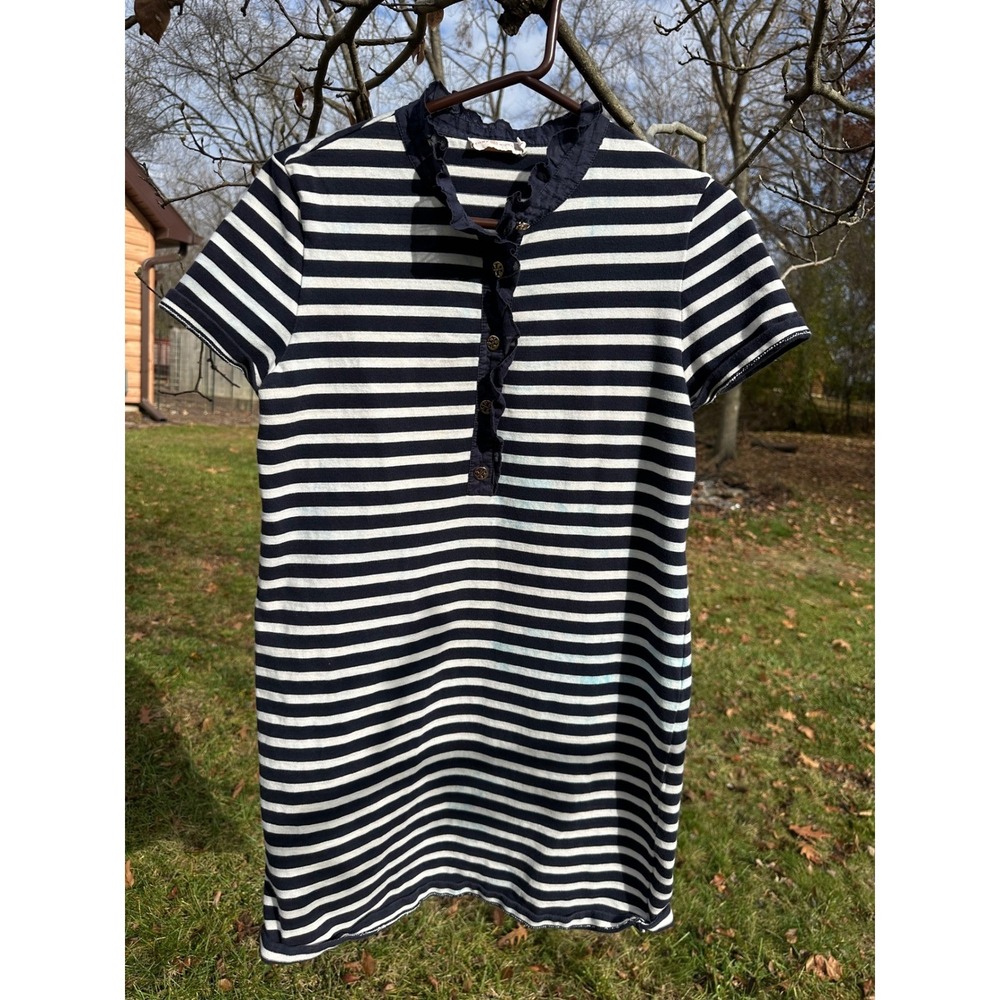 Tory Burch Women's Lidia Midi Dress | Blue White Striped Ruffle Collar | SZ XL